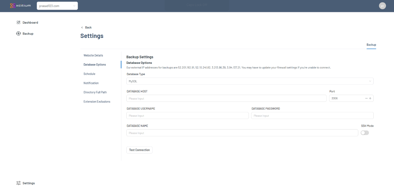 Xcitium Bacjup Database Options Settings Screen